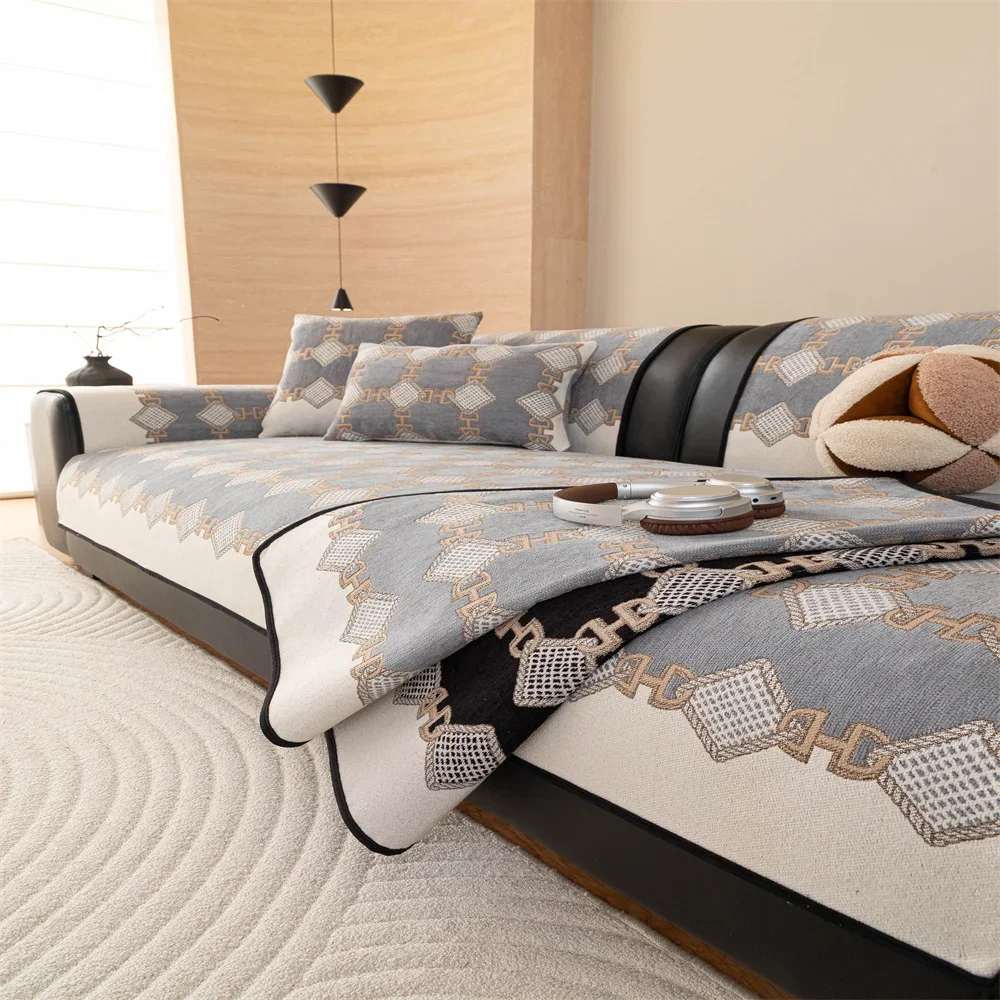 Retro Chenille Sofa Cushion Cover Universal Non-Slip Fixed Straight Row All-Seasons Slipcover for Home Comfort