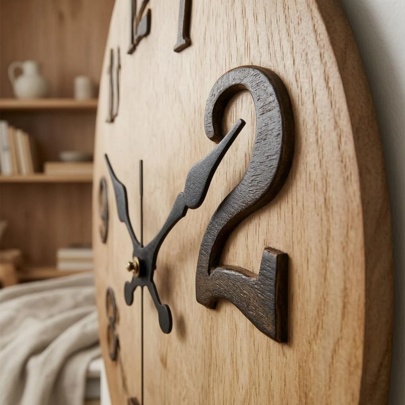 Wood Grain Wall Clock Black Arabic Numerals Round Wall Clock House Decoration for Indoor Home