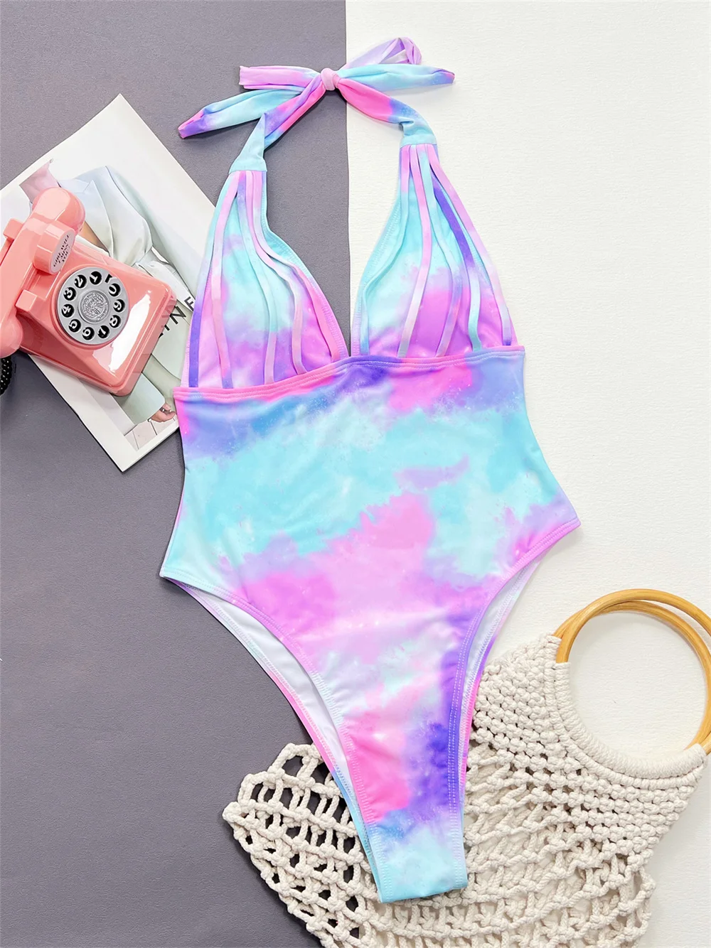 High Leg Tie Dye Bikini Halter Backless Bandage String Monokini Y2K Swimsuit Push Up Bathing Suit Women Beach Vacation Swimwears