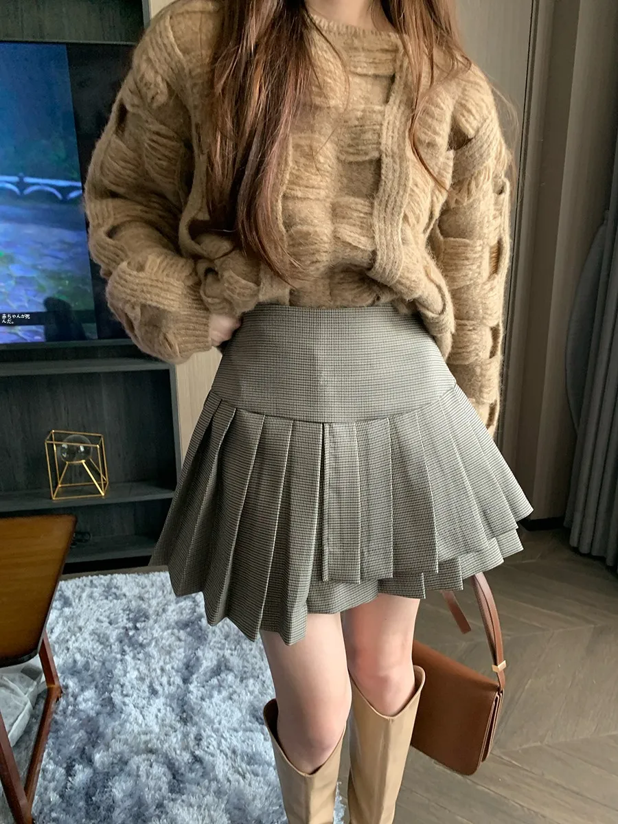 

SIMONA Maple Sugar Thousand Layer College Style Retro Plaid Design Asymmetrical Half Skirt High Waist A-Line Skirt