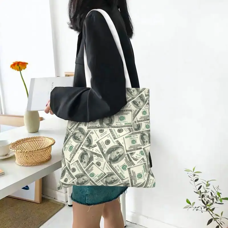 Money Dollars Bitcoin Digital Currency Grocery Shopping Bag Printing Canvas Shopper Tote Shoulder Bag Virtual Printing Handbag