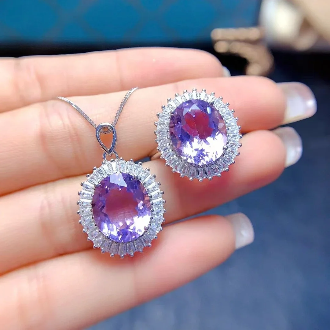 

Classic Design Amethyst Jewelry Set for Party 10mm*12mm Total 10ct Natural Amethyst 925 Silver Ring and Pendant