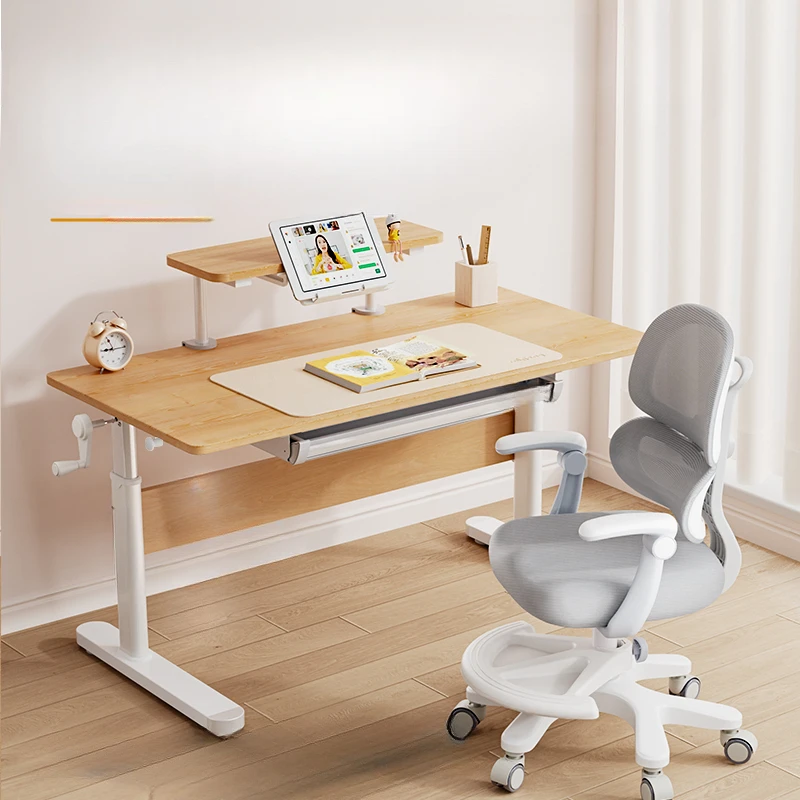 

Children's study desk Lifting household writing table Solid wood student tables and chairs