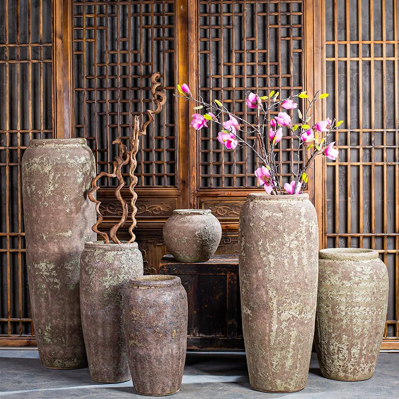 

Vintage pottery wind floor-to-ceiling vase, homestay indoor decoration flower arrangement, outdoor hydroponic soil culture tree