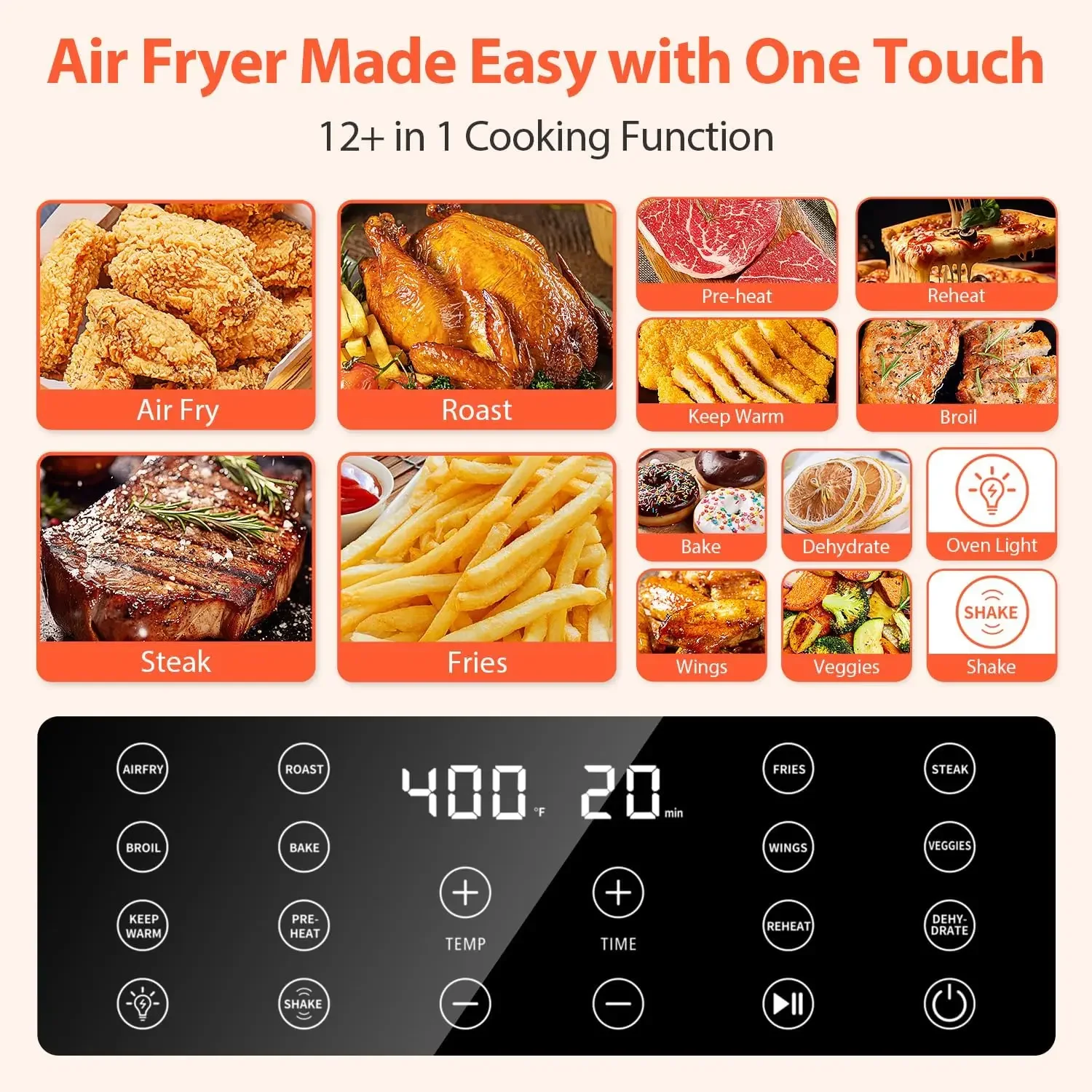 Large Air Fryer, 12-in-1 Digital  with Clear Window, 40+ Recipes, Flavor-Lock Tech, Shake Reminder