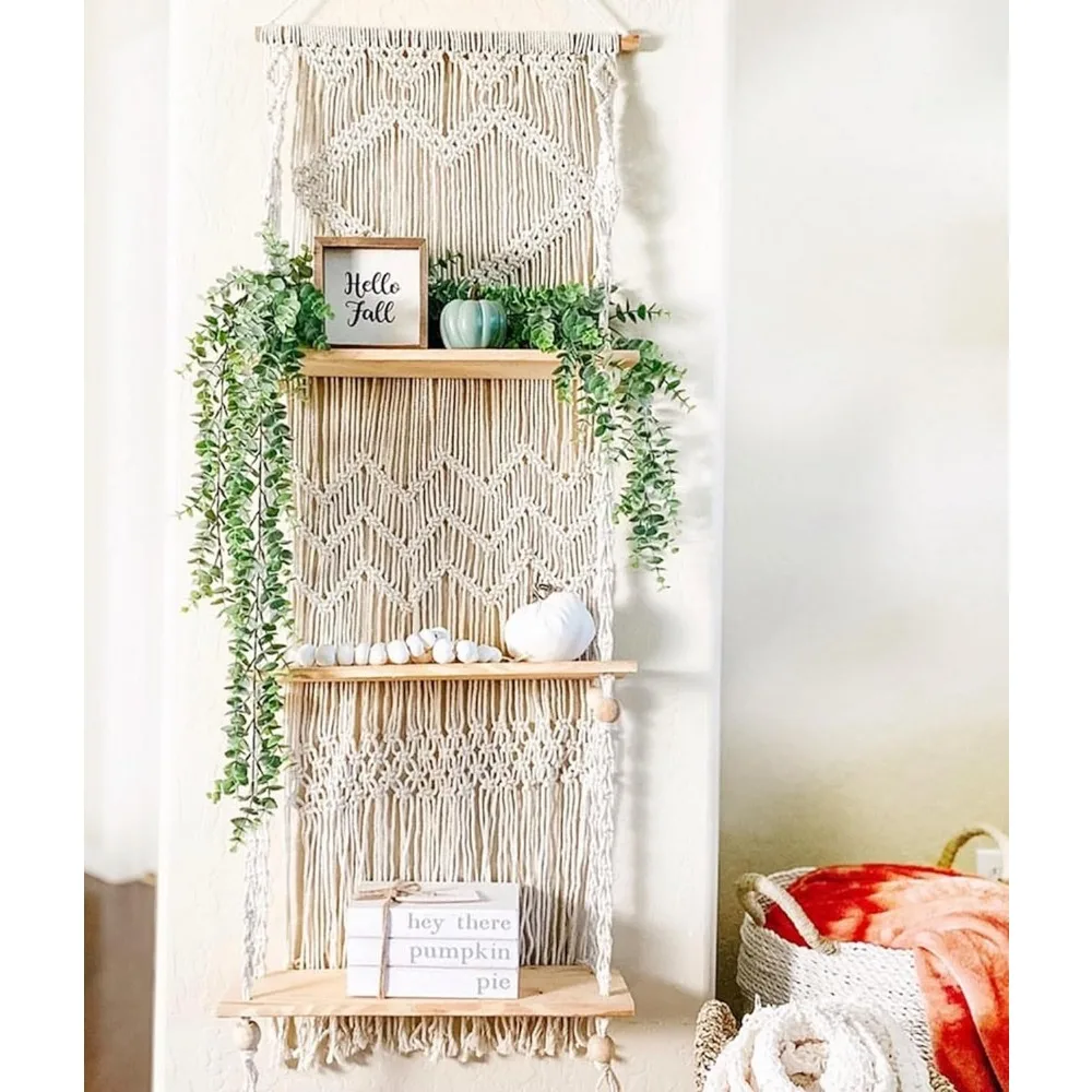 

Macrame Wall Hanging Shelf - 3 Tier Wall Plant Hanger Shelves with Handmade Woven Rope - Boho Shelves Organizer for Kit