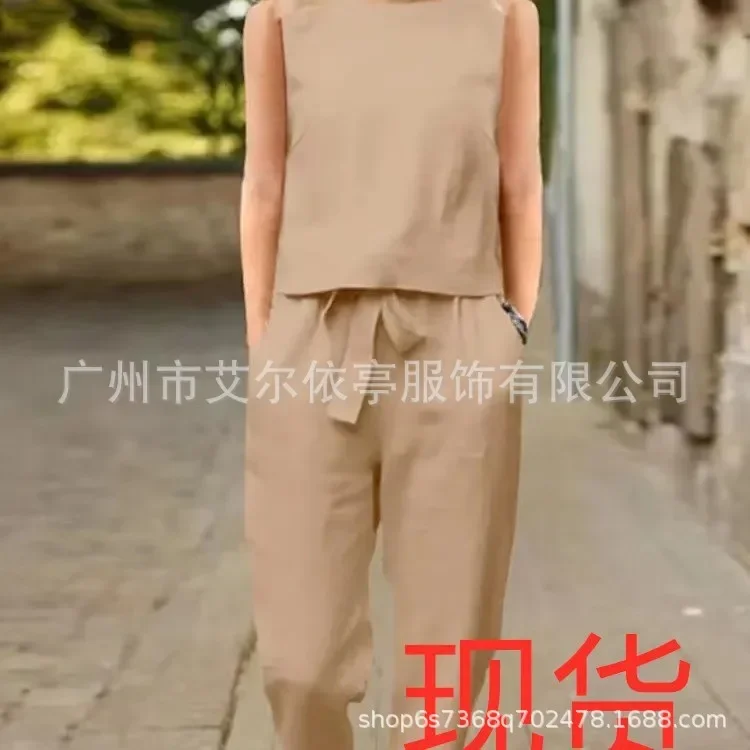 foreign trade women's clothing cotton and linen summer with sleeveless O-neck oversized blouse e wide-leg pants retro set