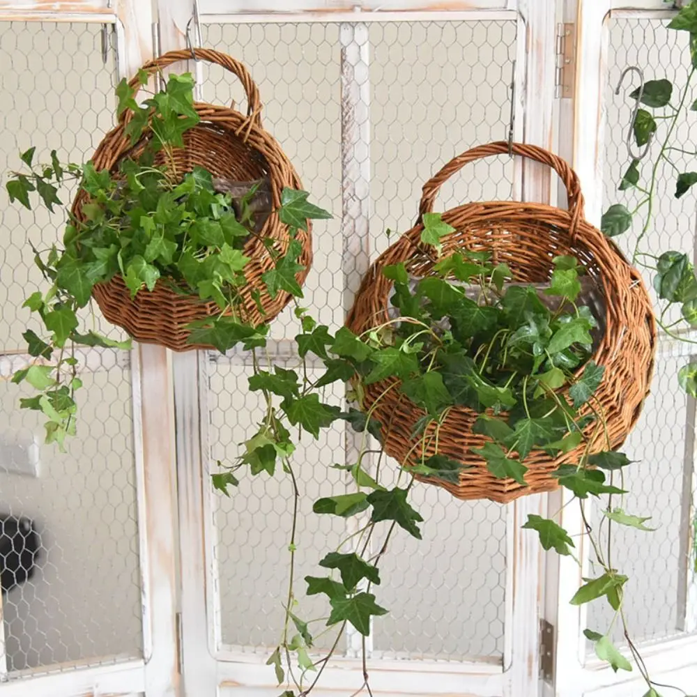 Countryside Style Handmade Rattan Planter Basket Pastoral Wall Hanging Flower Pot Natural Woven Woven Vase Indoor Outdoor