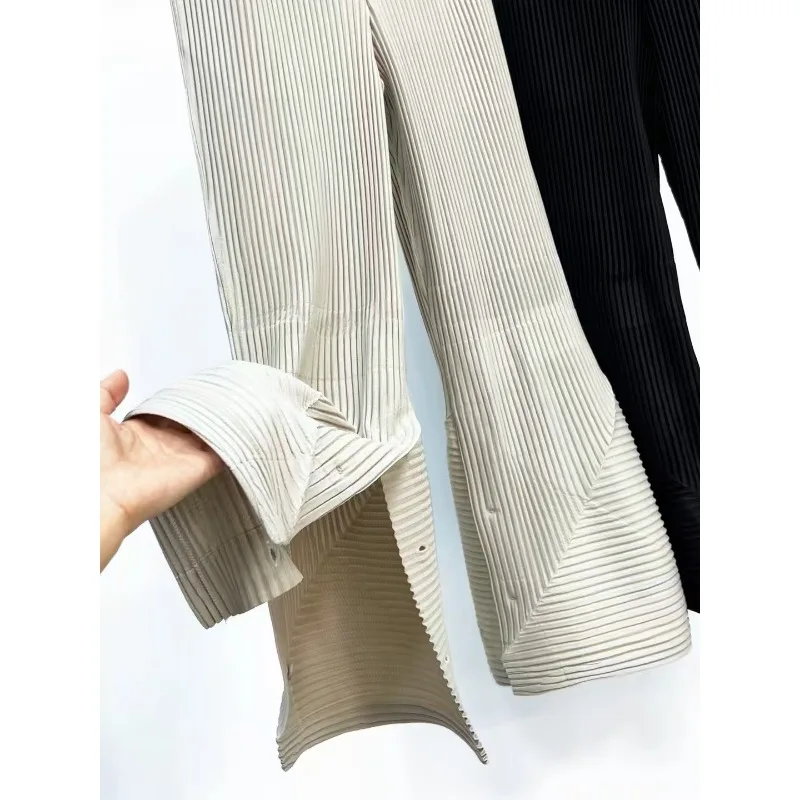 Miyake Pleated Slit Flared Pants Men Solid Color Unisex Original 2025 Spring and Summer New Pants Casual Versatile
