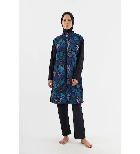 NBB navy blue leaf pattern hijab swimsuit