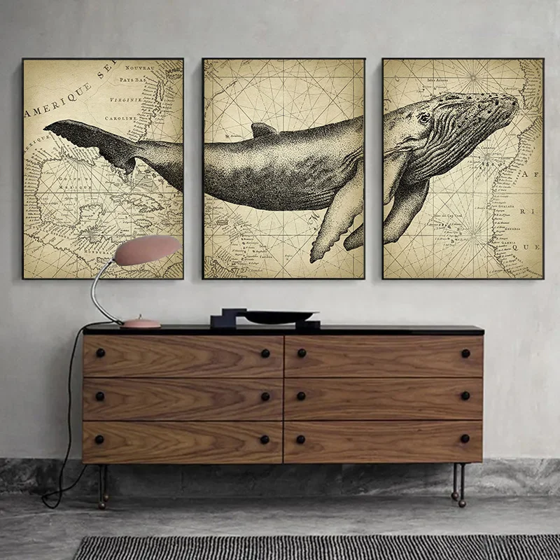 Vintage Marine Animals 3 Pieces Blue Whale Head Body Tail World Map Poster Canvas Painting Wall Art Pictures Home Room Decor