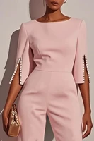 Women's Jumpsuit Casual Solid Color 3/4 Length Sleeve Straight Round Neck Beaded High Waist Daily Going out Regular Fit Black Wh - Image 5