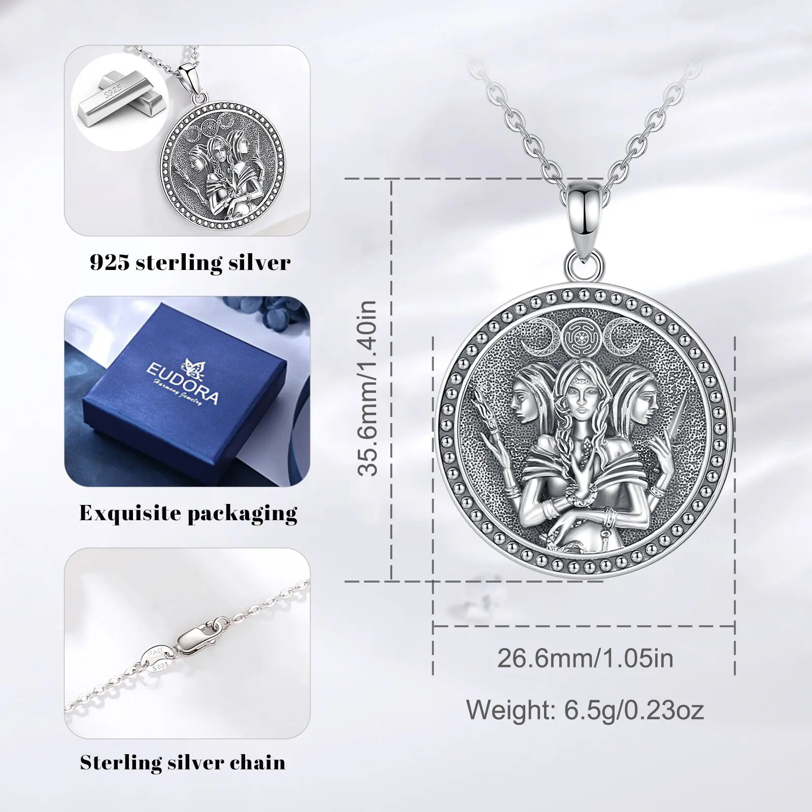 Eudora 925 Sterling Silver Triple Moon Goddess Necklace Vintage Hecate Amulet Pendant Wiccan Jewelry Personality Gift for Women