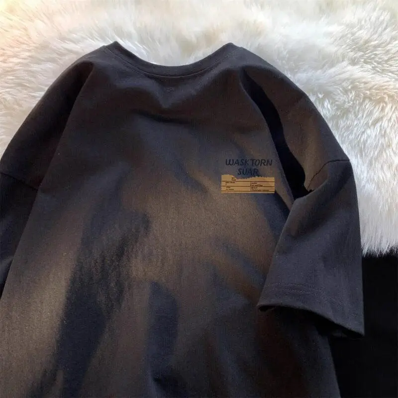 Summer Men's Pure Color Versatile Single Stacked Shirt Loose Fit Printed T-Shirt Shoulder Sleeve Casual Basic round Neck Short