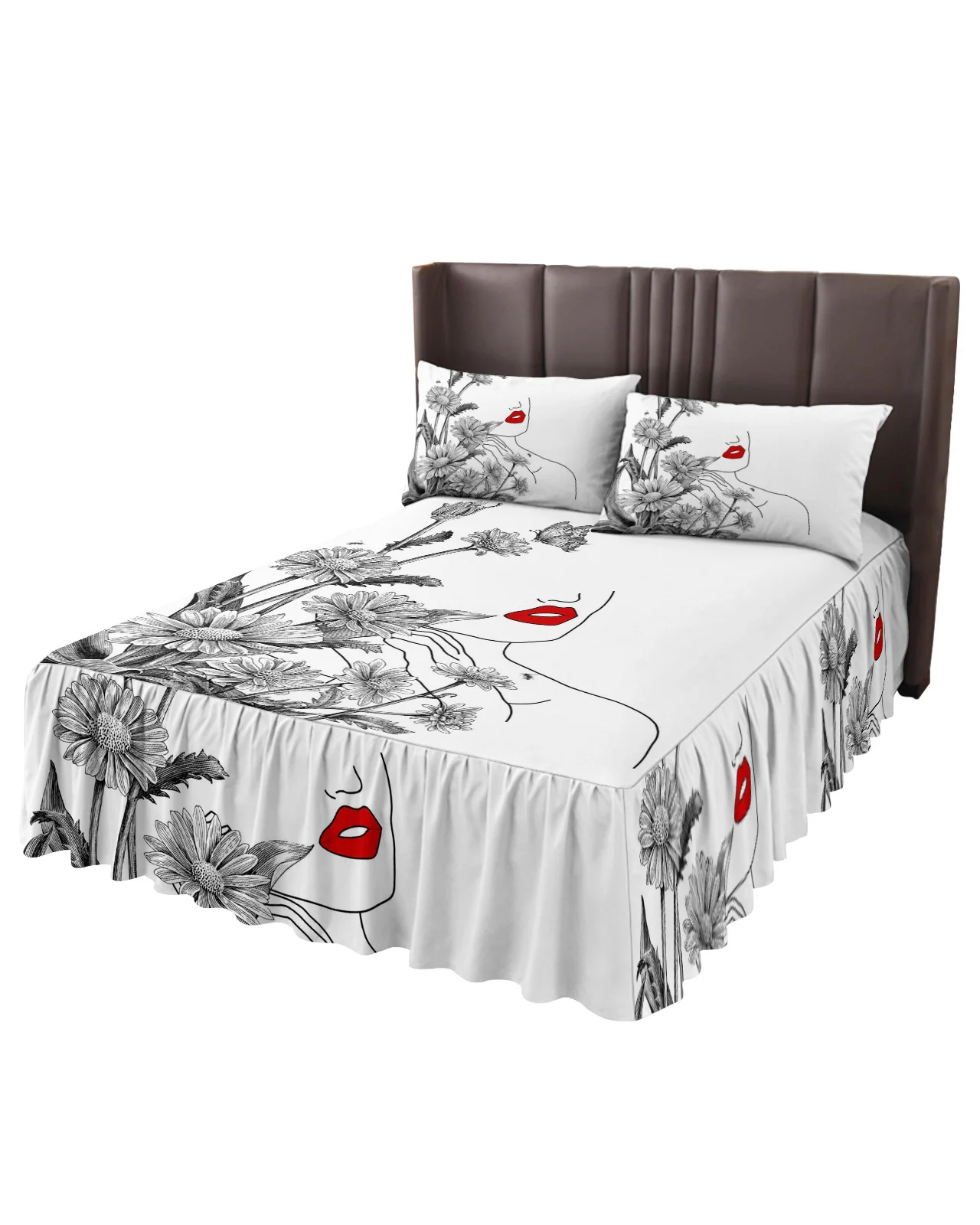 Flower Daisy Female Line Red Lips Bed Skirt Elastic Fitted Bedspread With Pillowcases Mattress Cover Bedding Set Bed Sheet