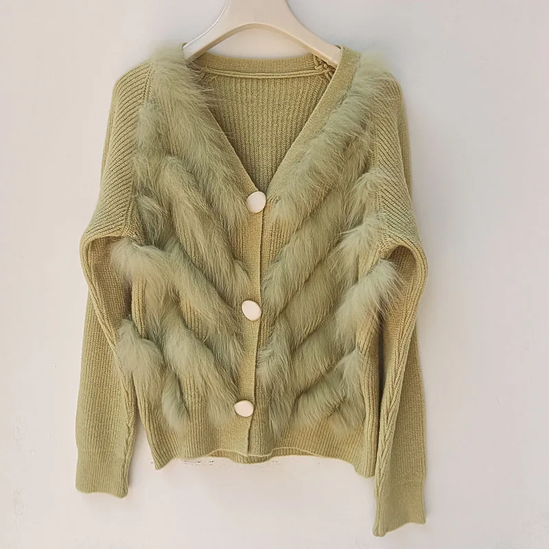 2025 Real Fox Fur Trim Cardigan With Button Long Sleeve Loose Women Fashion Knitted Open Stitch Sweater Female Winter Outwear
