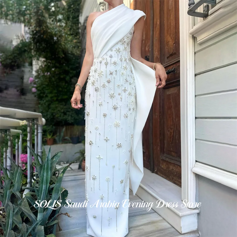 

SOLIS White Satin Prom Dresses One Shoulder Straight Celebrity Dresses with 3D Floral Beading Evening Dress Modest Customized