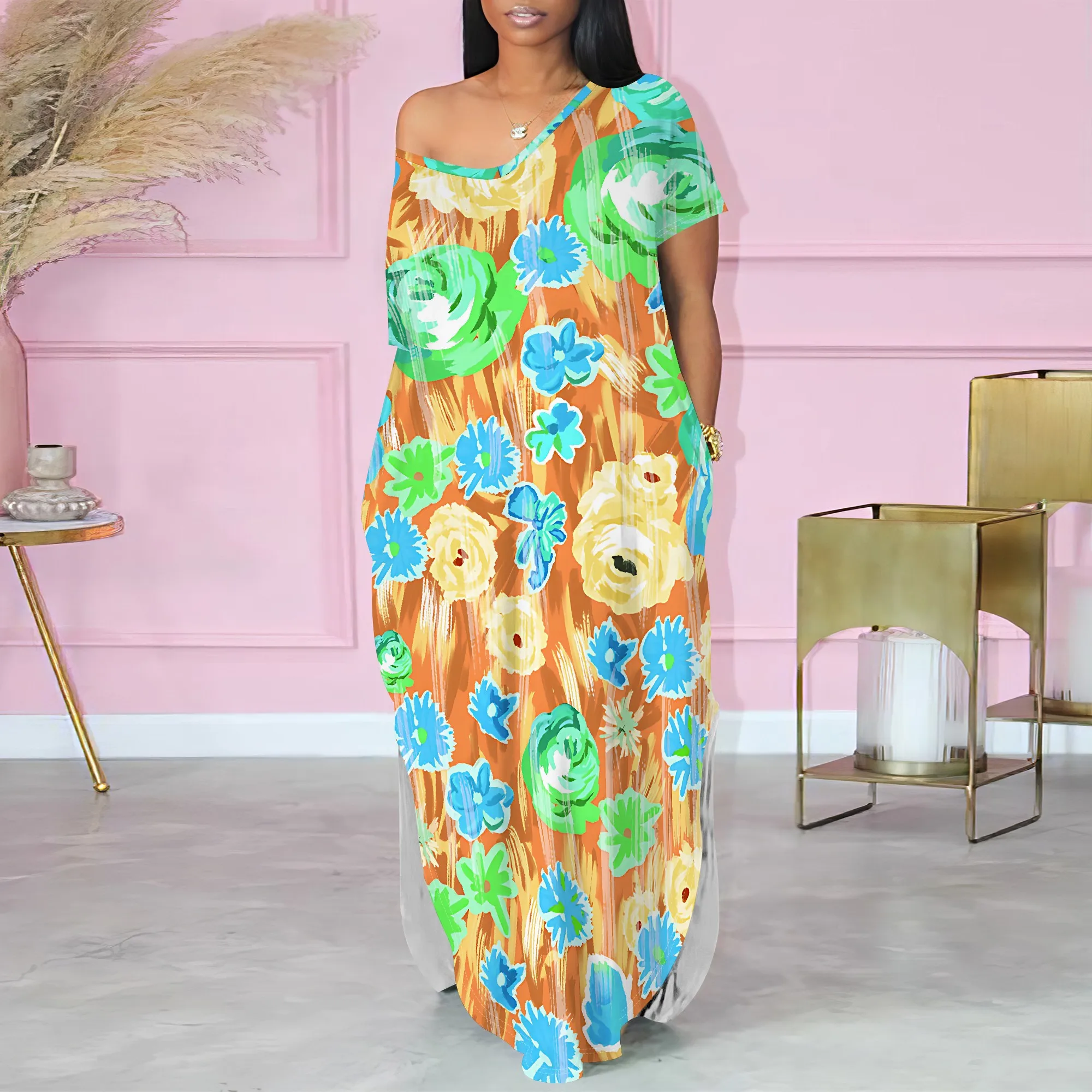 

Women's Summer Fashion Printed Short-Sleeved One-Shoulder V Neck for Women Loose Two-side Slits Casual Maxi Dress With Pocket