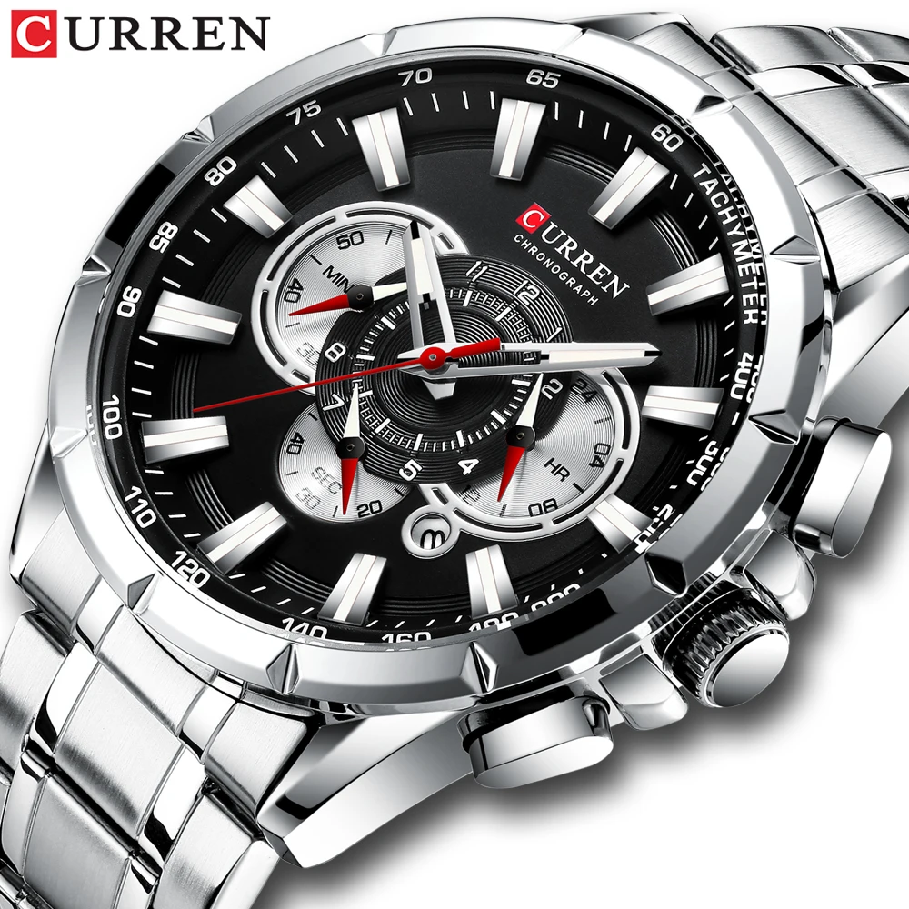 CURREN Men\'s Watch Casual Sports Chronograph Stainless Steel Strap Black Large Dial Quartz Waterproof Clock Luminous Display