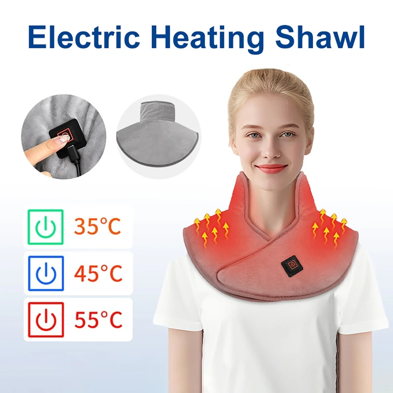 Electric Heating Shawl 3-Level Temperature Controlled Heating Shoulder and Neck Pad USB Plug-In Heating Compress Pad Gray