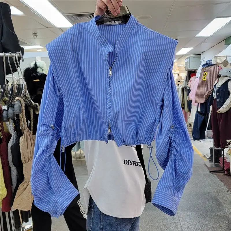 Blue Striped Shirt For Women\'s 2023 Summer New Sunscreen Suit Stand Up Collar Waist Short Sleeved Cardigan Top