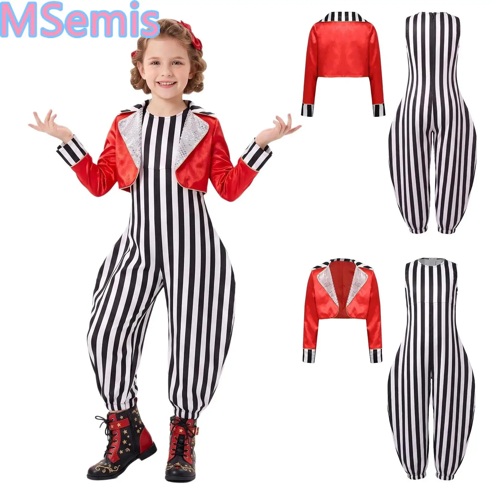 Kids Girls Boys Circus Ringmaster Outfit Halloween Carnival Clown Costumes Sleeveless Zipper Striped Jumpsuit with Sequin Jacket