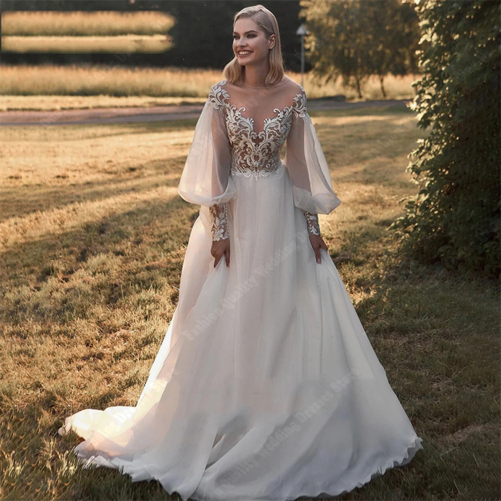 Romantische flauschige lange Ärmel Brautkleider Blumen druck V-Ausschnitt glatte Brautkleider Qualität Boden wischen Dame Vestidos de Novia