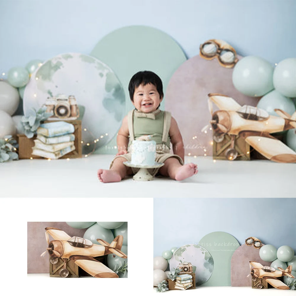 Travel Plane Backdrops Kids Baby Cake Smash 1st Birthday Props Child Advance Pilot Earth Arch Decors Backgrounds