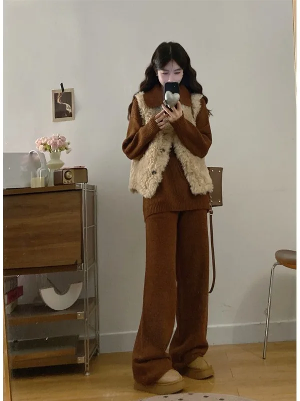 plus Size Lazy Style Knitted Set Autumn Winter New Casual Lamb Fur Vest Long Sleeve Knitted Top Pants Fashionable Three-Piece...