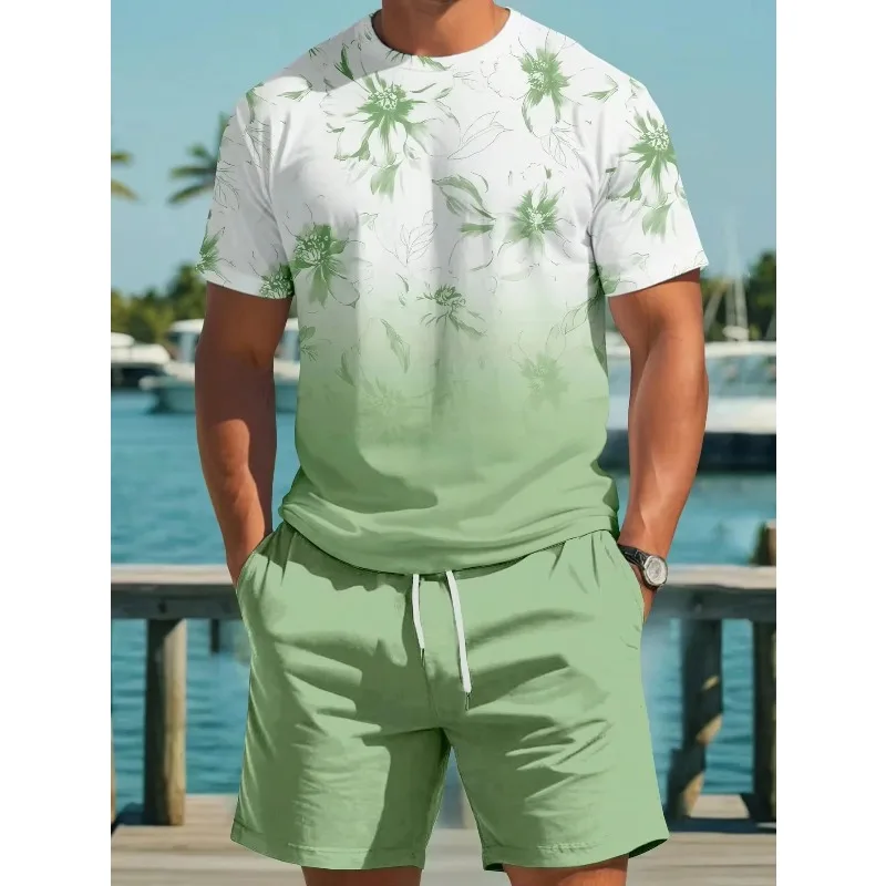 2025 Summer Men's Sportswear T-shirt Set 3D Printed Tropical Floral Women's Round Neck Short Sleeved Shorts Beach Vacation Suit