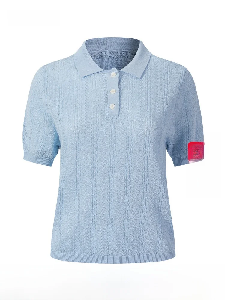 DT·LANDO26 Camisa de punto de manga corta para mujer, estilo suave, diseño con cuello, cómoda, transpirable, con botones y aberturas, novedad de verano