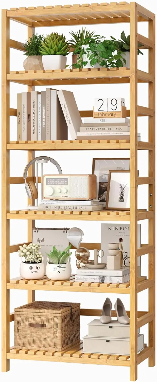 

6-Tier Adjustable Bamboo Shelf, Free Standing Storage Unit for Kitchen, Bathroom, Home Office