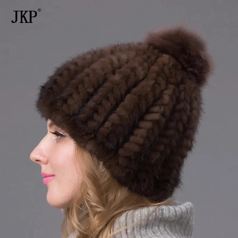 2024 New Fashion Winter Warm Hat Genuine Mink Fur Ball Cap With Copious Female Beanie Knit Cap and Liner 6 Colors BZ-11