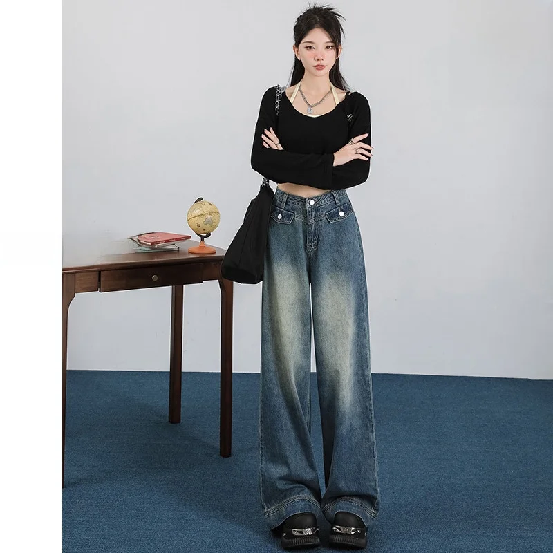 

Off American Retro High Waist Wide Leg Denim Jeans Women's Autumn Winter Fce Lined Loose Drapey Slimming Straight