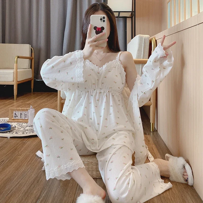 

3pcs Lace Cotton Maternity Nursing Sleepwear Sets Breast Feeding Pajamas for Pregnant Women Pregnancy Lacation Home Hospital