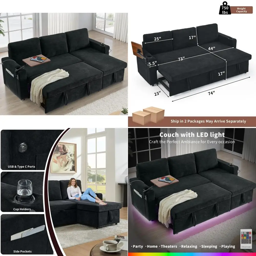 

Reversible Chaise Sleeper Sofa with Storage and Pull-Out Couch, 85 3-in-1 Living Room Furniture with Retractable Table