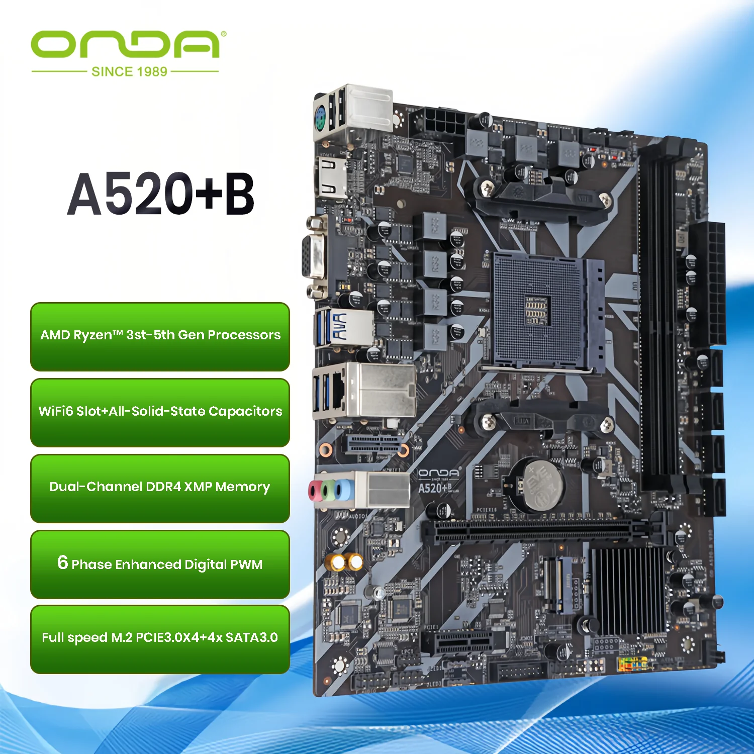 

ONDA A520 AM4 Motherboard-For Ryzen 3st-5th Gen CPU 5000G 5600X 5700X,M.2 NVMe PCIe Gen3,WiFi6 Slot,PCIe3.0 x16,ARGB Sync,M-ATX