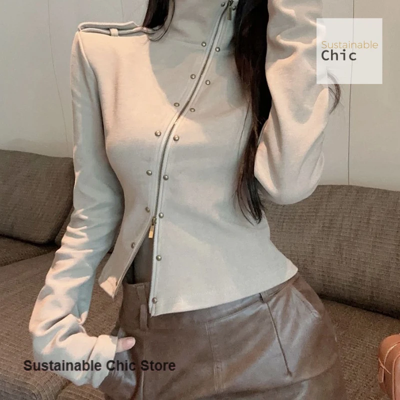 سترة صوفية قصيرة مزدوجة بتصميم أمريكي بأكمام طويلة وسحاب سترة نسائية للخريف والشتاء بنصف رقبة عالية #1