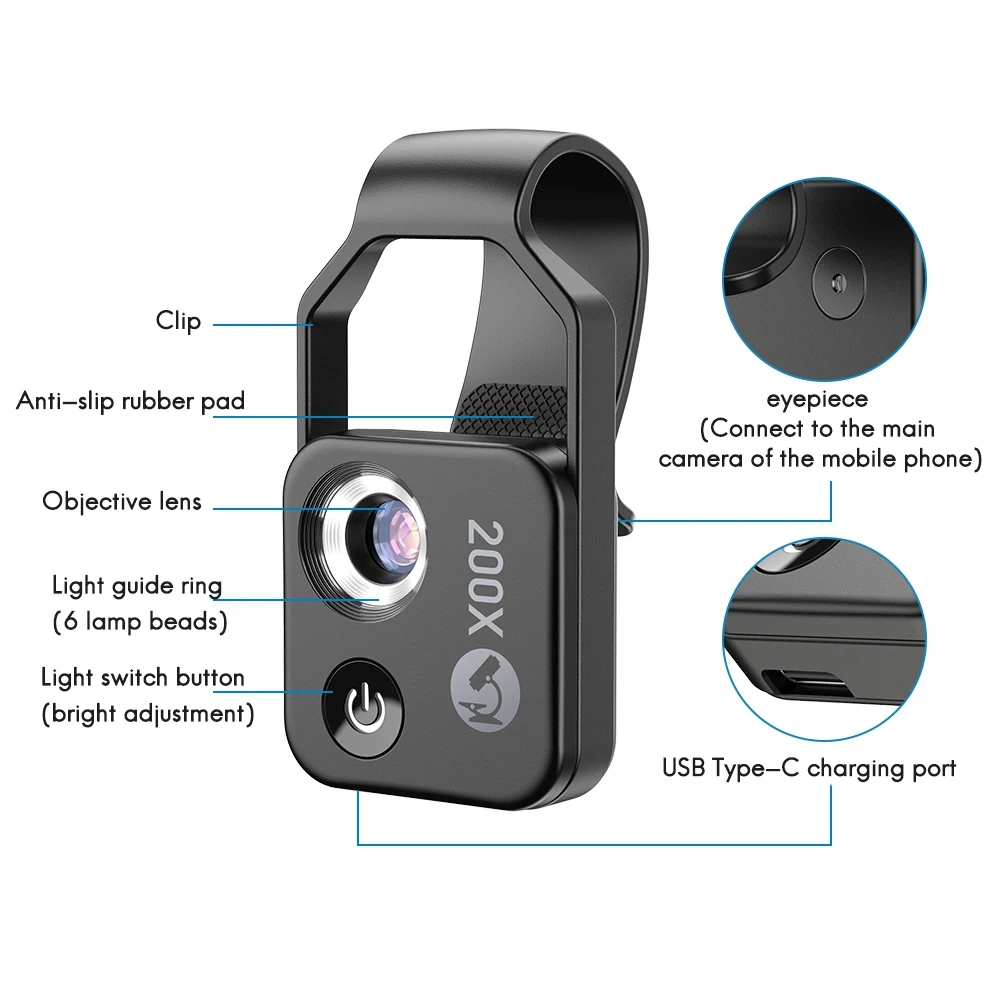 200X Mobile Phone Microscope Micro-Lens Universal Clip LED Light Pocket Mini Magnifying Glass Microscopes Black image 2