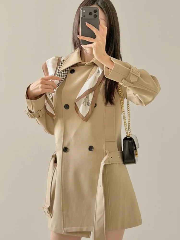 Chic Vintage Long Sleeve Windbreaker Coat Dress Women's Style Korean Fashion Belted Waist Tunic Dress Autumn Wear