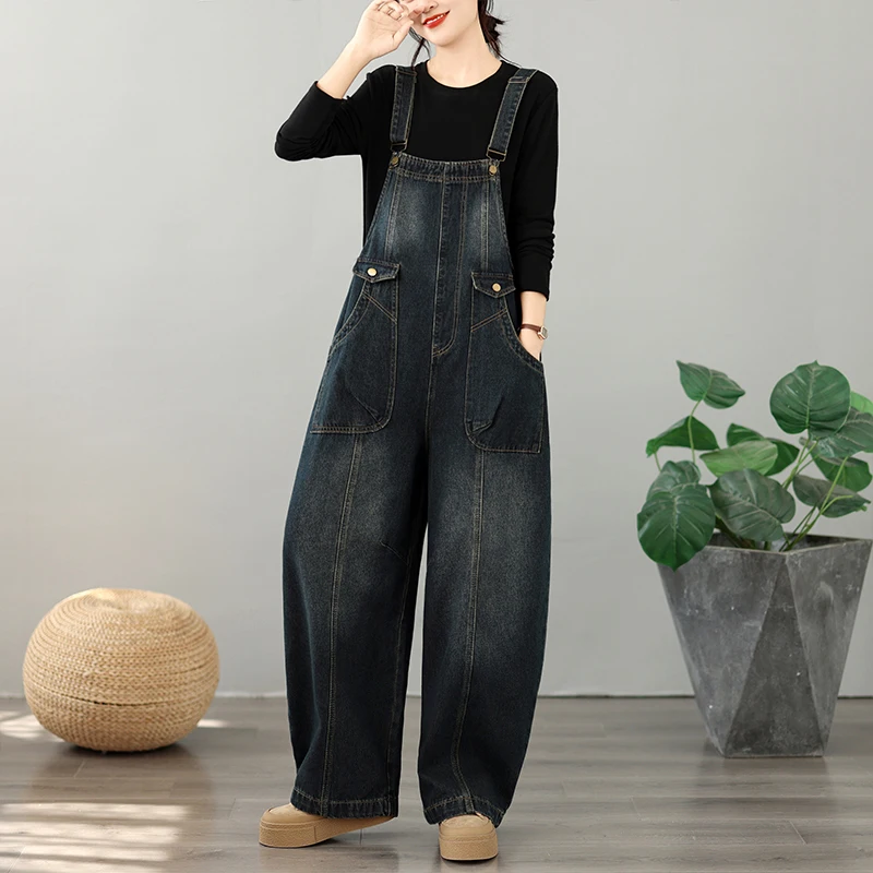 Loose Casual Denim Overalls with Big Pockets for plus Size Women Knife  Strap Long Jeans Cotton Washed Slimming Design