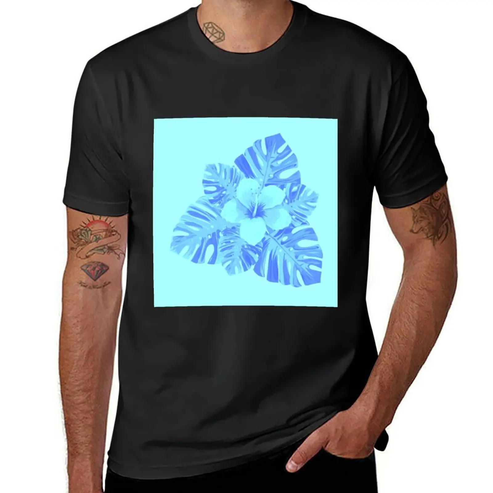 Tropical Hibiscus Leaves and Flower Sky Baby Blue T-Shirt Blouse Aesthetic clothing customs sublime mens graphic t-shirts anime