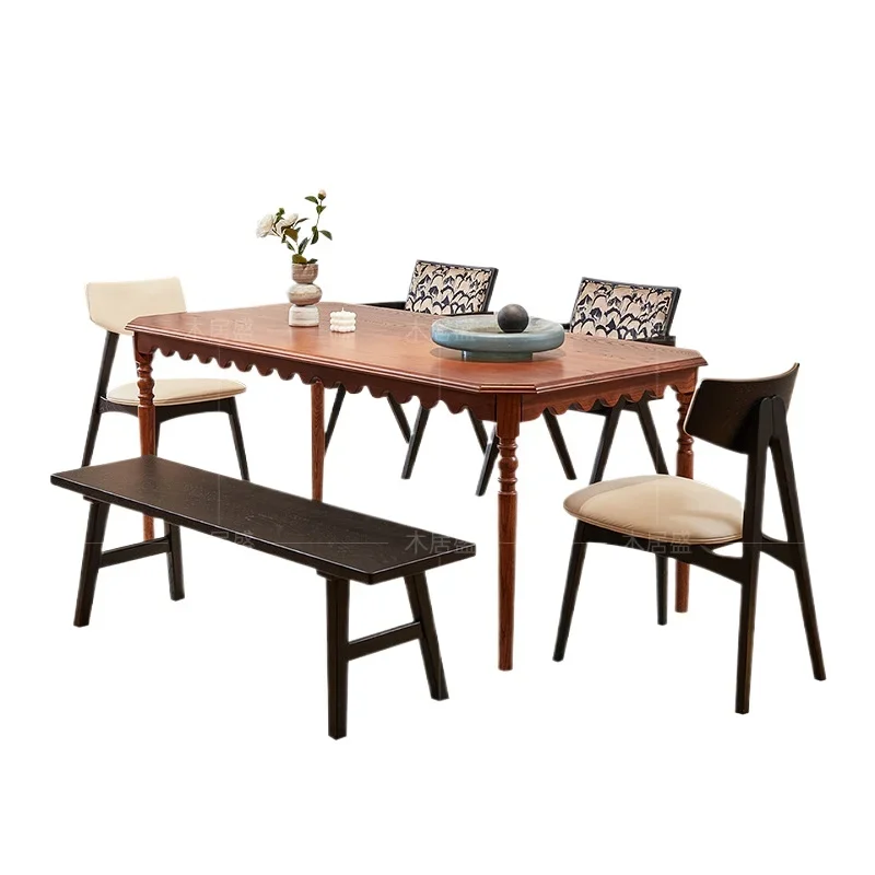 Medieval style 1.5 meters solid wood dining table and chairs, French retro light luxury rectangular table, living room home