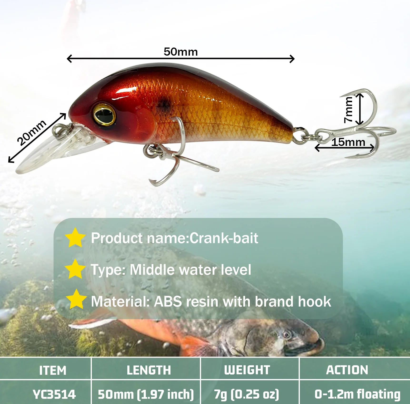 Aventik Eupheng 50mm Crank Baits Middle Water Level Crank Fishing Lure 0-1.2m Floating Hard Plastic Lure 0.25oz With Japan Hook