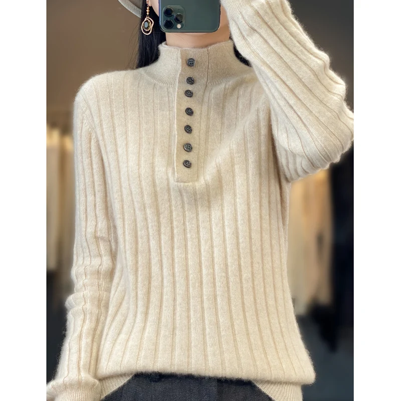 100% Pure Wool Cashmere Sweater Women's Standing Collar Pullover Fashion Knitted Fake Two Piece Shirt Top Autumn/Winter Korean