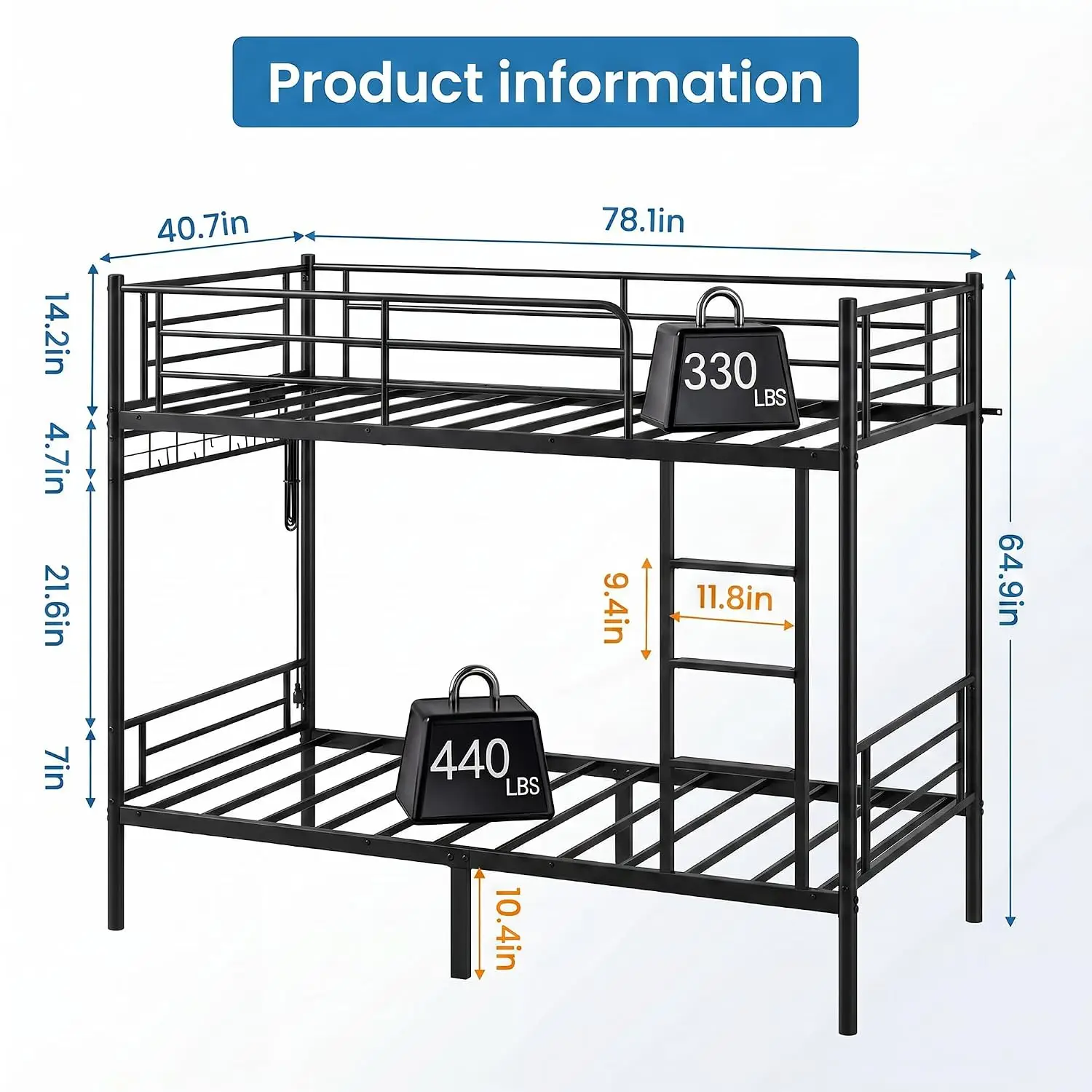Heavy-Duty Twin Over Twin Metal Bunk Bed with Power Outlet, LED Lights, Guard Rails & Ladder, Customized