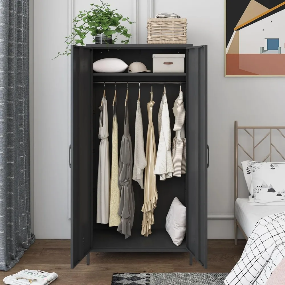 خزانة ملابس معدنية من MIOCASA، خزانة تخزين فولاذية مع بابين لغرفة النوم وغرفة المعيشة - رف واحد (أبيض) #6