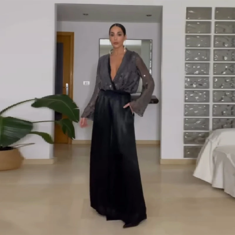 

Женское укороченное боди с блестками и глубоким v-образным вырезом, блестящая клубная одежда с длинными рукавами, новый классический элегантный шикарный легкий комбинезон