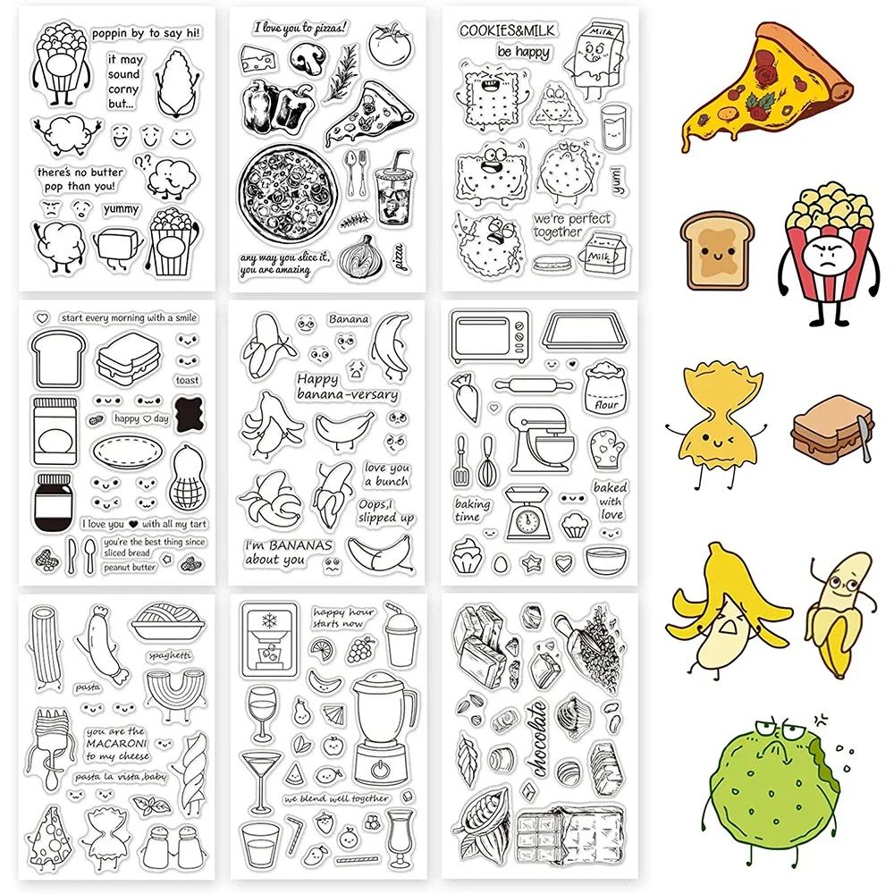 

9 Sheets Food Theme Silicone Clear Stamps Seal for Card Making Decor DIY Scrapbook Popcorn Pizza Cookies Banana Drinks Chocolate