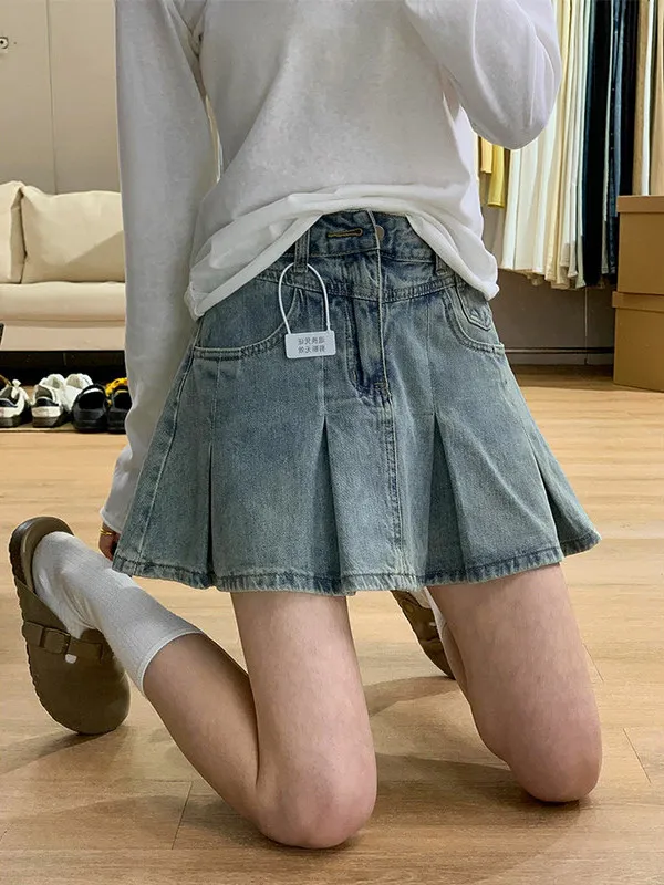 

Slim Fit Blue Denim Pleated Skirt Women's Summer New Style A-Line Half-length Skirts Casual High Waist Straight Leg Jeans